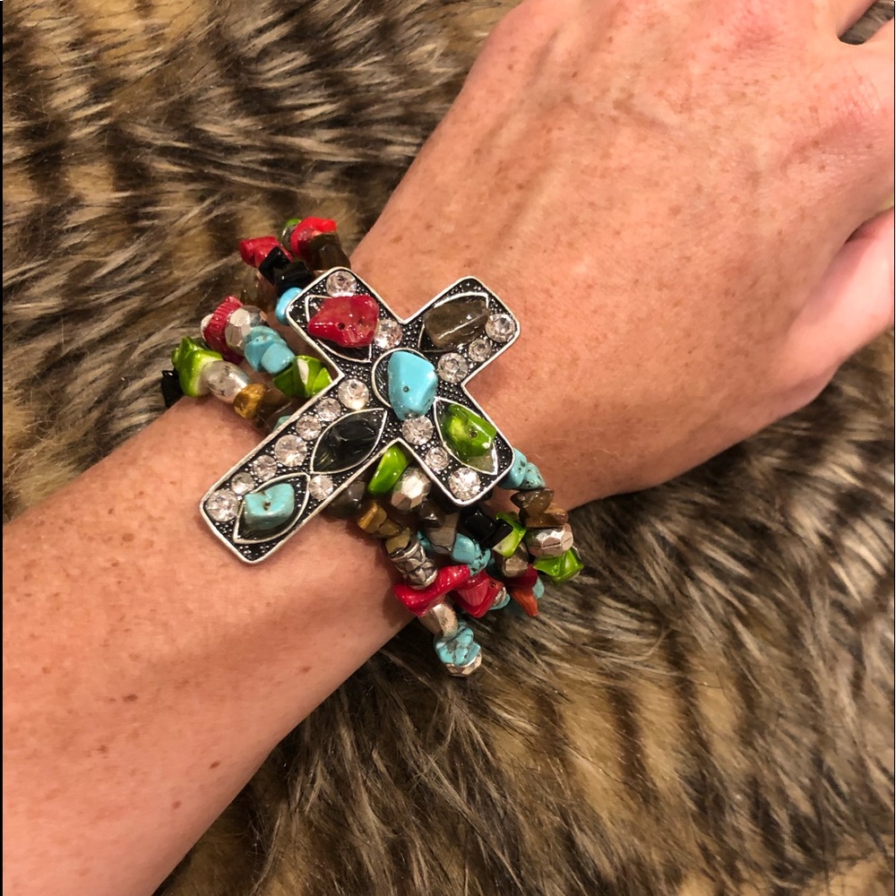 Multicolored Stone & Cross Stretchy Bracelet
